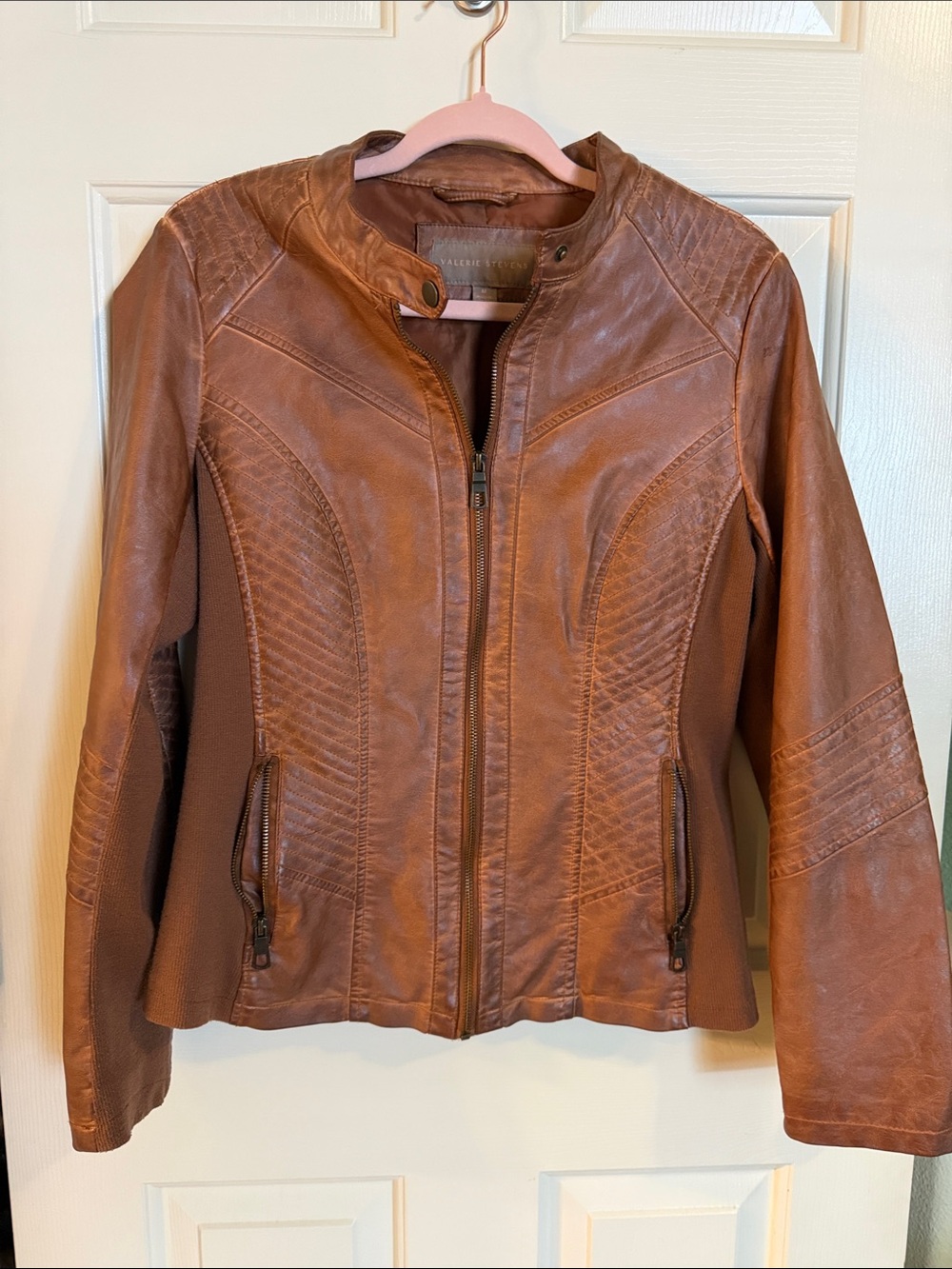Valerie Stevens Cognac Faux Leather Moto Jacket